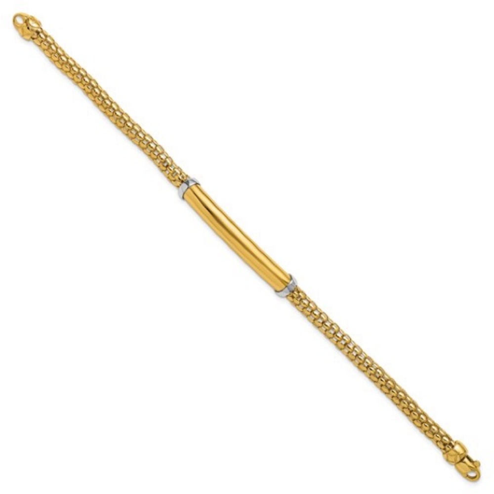14K Two-tone Polished Popcorn Mesh Bar 7.5 inch Bracelet - Picture 3 of 10